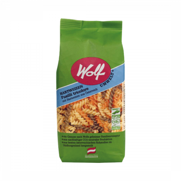 Wolf Hartweizen Fusilli tricolore, vegan, Papierpackung, 500g